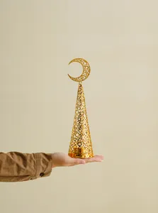 Gold metal Christmas tree candlestick with moon top, elegant holiday home decor tea light holder.