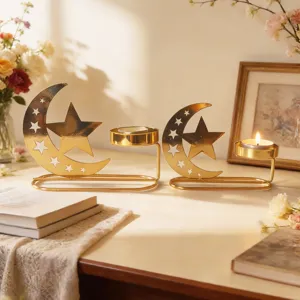 Gold moon star candle holder set for Ramadan Eid home decor arabic tea light candle stand