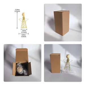 Details of the iron and wood angel desk decoration, showing dimensions and packaging box.