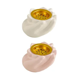 Bruciatore di incenso in ceramica forma mano loto inserto metallo oro decoro