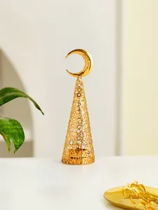 Gold metal cone candle holder with crescent moon top, intricate hollow circle design detail.