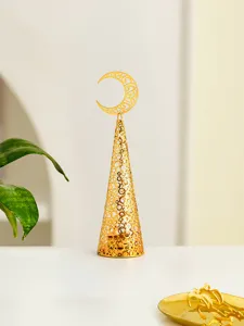 Gold metal cone candle holder with crescent moon top for holiday decor and home party styling.