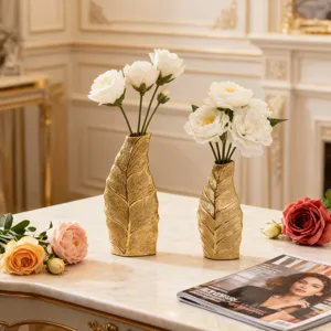 Vase en Céramique de Luxe Léger Européen Design à Veine de Feuille Dorée Ornement de Table Vase Décoratif pour Salon Maison