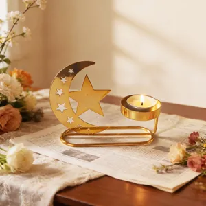 Gold metal star and moon candle holder, Eid Ramadan home decor tea light candle stand for table.
