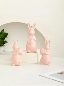 Cute ceramic Easter rabbit figurine set, pink bunny desktop decoration for home office.