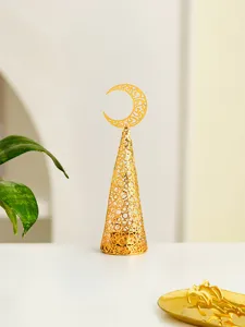 Golden metal hollow cone candle holder with crescent moon top for home holiday decor.