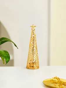 Exquisite gold metal Christmas tree candle holder detail, elegant holiday table decoration piece.