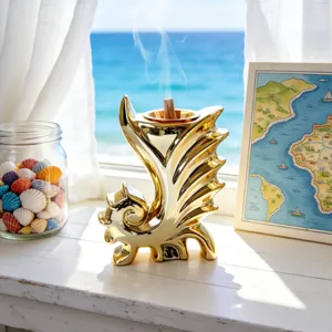 Bruciatore di incenso in ceramica ippocampo dorato, decorazione tavola stile mediterraneo.