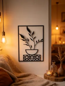 Modern black metal wall art minimalist potted plant hanging decor for living room bedroom