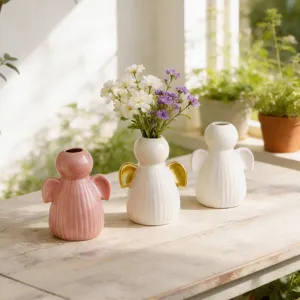 Ceramic angel vase set for home decor, cute desktop floral arrangement ornament warm vibe.