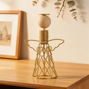 Metal and wood angel desktop ornament modern line art home decor craft table display item