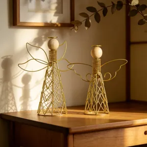 Gold iron wire wooden angel desktop ornaments modern line art home decor craft figurine main view