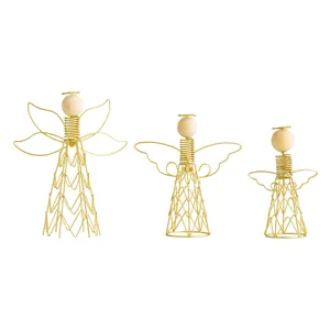 Gold iron and wood angel figurines set, modern line art desktop decor for home crafts.