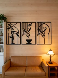 Metal wall art set of three black iron leaf botanical hanging decor for modern home decor.