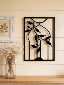 Black metal wall art abstract leaf iron hanging decor for modern living room detail view