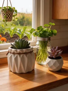 Vue détaillée d'un ensemble de plantes succulentes artificielles avec pot en céramique.
