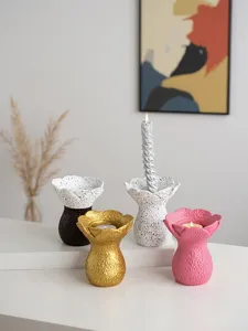 Resin flower candle holder set detail scene, minimalist desktop decor, aesthetic home accent.