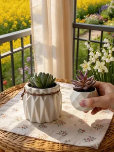 Vue détaillée de plante succulente artificielle en pot céramique géométrique blanc pour déco.