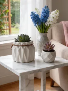 Vue détaillée de plantes succulentes artificielles en pot céramique pour déco maison.