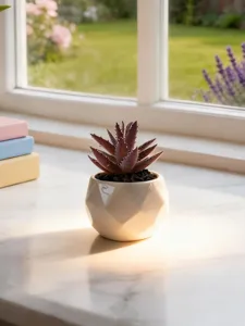 Plante grasse artificielle en pot en céramique blanche, vue détaillée pour décoration.