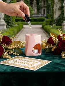 Primo piano del bruciatore di aromi in ceramica rosa a forma di cuore in un ambiente romantico.