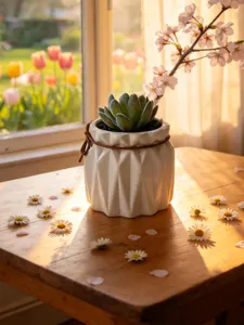 Vue détaillée d'une belle succulente artificielle en pot céramique blanc avec fleurs cerisier.