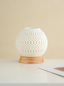 Hollow spherical candle holder 3D printed minimalist home decor wooden base table art