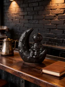 Modern creative astronaut moon ceramic ornament, sleek black desktop decor piece for home.