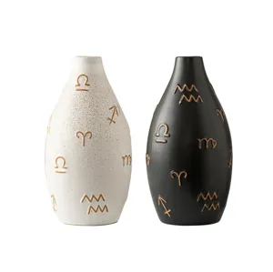 Close-up detail of modern ceramic vases in black and white with embossed zodiac symbols.