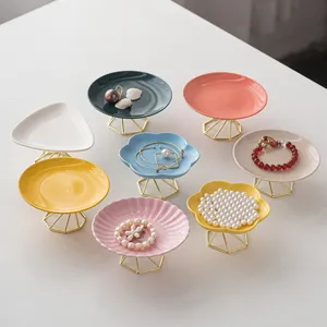 Modern Minimalist Ceramic Jewelry Tray With Gold Metal Geometric Stand Storage Tray For Bedroom Living Room