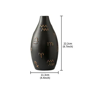 Modern black ceramic vase with golden zodiac symbols, artistic home decor flower arrangement 22.2cm