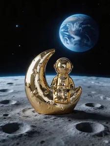 Gold astronaut sitting on crescent moon detail showcasing shiny electroplating surface texture.