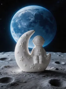 Close-up detail view of ceramic astronaut figurine sitting on crescent moon desktop decor.