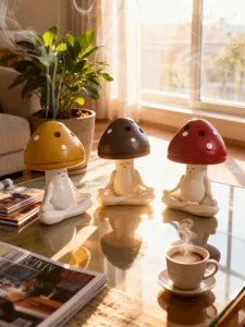 Detailed close-up shot of cute meditation mushroom incense burners in yellow, brown, and red.