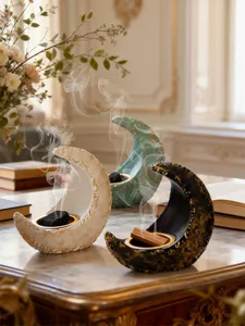 Resin crescent incense burner detail in retro style, perfect for home aromatherapy.