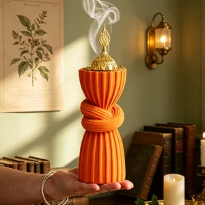Arabic style resin incense burner, orange knotted censer with gold lid for home decor