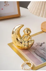 Modern creative gold astronaut moon ceramic ornament for home desktop bookshelf decor