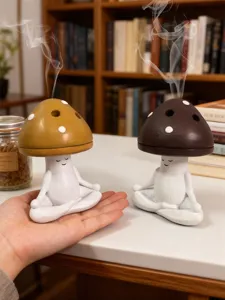 Cute meditation mushroom incense burner, ceramic creative desktop aromatherapy ornament.