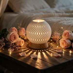 Ceramic hollow 3D printed candle holder with wooden base for romantic table decor.