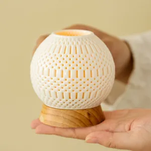 3D printed ceramic hollow candle holder with wooden base for home decor table ornament