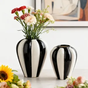 Nordic Simple Smooth Black and White Ceramic Vase Minimalist Striped Flower Pot Home Tabletop Decorative Ornament