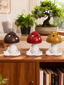 Meditating mushroom incense burner set, cute resin aroma diffuser figurine for home decor.
