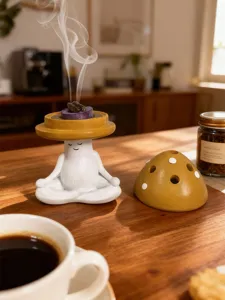 Detail view of the cute meditating mushroom incense burner, showcasing fine resin craftsmanship.