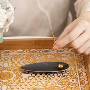 Modern creative willow leaf incense burner holder with golden bead for aromatherapy desktop