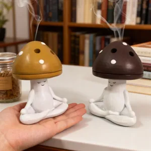 Cute mushroom incense burner for meditation and yoga, ceramic aromatherapy home decor gift.