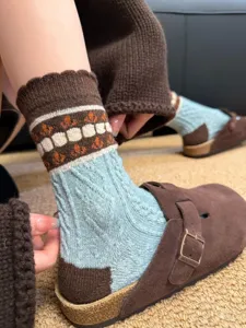 Vintage wool blend crew socks with cute floral patterns and cable knit design for women.