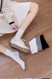 Women cotton crew socks solid color stacked casual fashion daily wear breathable socks