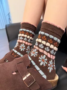 Retro floral wool socks for women, vintage mid-calf warm knit socks with cute lace trim details.