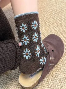 Women vintage wool mid tube socks with cute blue floral pattern cozy winter knit footwear