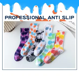 Tie-dye yoga grip socks, colorful mid-tube non-slip fitness socks for indoor pilates workouts.